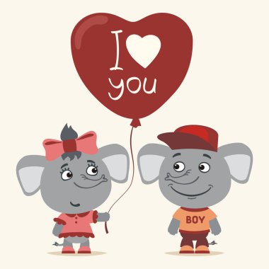 greeting card with cute funny cartoon characters of elephant girl giving balloon heart to elephant boy, Happy Valentine day concept  clipart