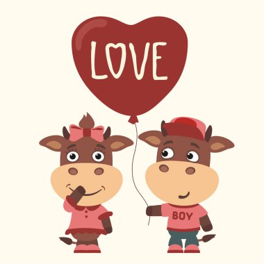 inek kız ve erkek için Sevgililer günü, romantik kavramı balon kalp şirin komik karikatür karakter 