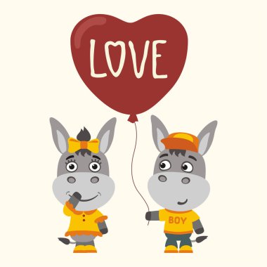 cute funny cartoon characters of donkey girl and boy with balloon heart for Valentine Day, romantic concept  clipart