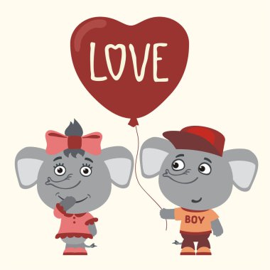 fil kız ve erkek için Sevgililer günü, romantik kavramı balon kalp şirin komik karikatür karakter 