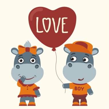 hippi kız ve erkek için Sevgililer günü, romantik kavramı balon kalp şirin komik karikatür karakter 
