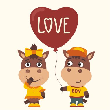 at kız ve erkek için Sevgililer günü, romantik kavramı balon kalp şirin komik karikatür karakter 