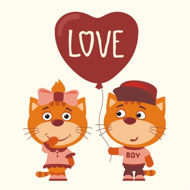yavru kedi kız ve erkek için Sevgililer günü, romantik kavramı balon kalp şirin komik karikatür karakter 