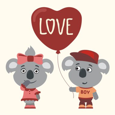 koala kız ve erkek için Sevgililer günü, romantik kavramı balon kalp şirin komik karikatür karakter 