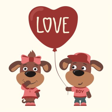 köpek kız ve erkek için Sevgililer günü, romantik kavramı balon kalp şirin komik karikatür karakter 