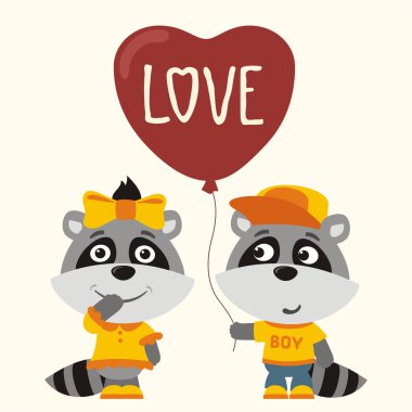 Rakun kız ve erkek için Sevgililer günü, romantik kavramı balon kalp şirin komik karikatür karakter 