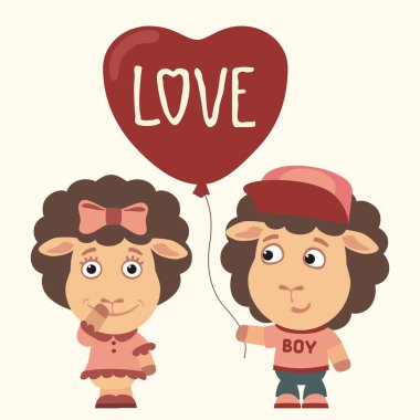 koyun kız ve erkek için Sevgililer günü, romantik kavramı balon kalp şirin komik karikatür karakter 