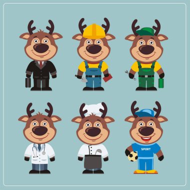 Farklı profesyonel kostümler gösterilen geyik şirin komik karikatür karakter kümesi