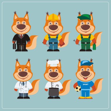 Küme sevimli komik karikatür karakter farklı profesyonel kostümler gösterilen sincap