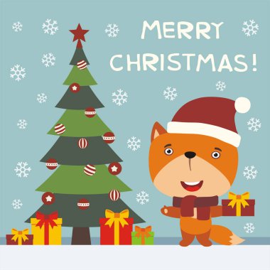  Sevimli çizgi karakter kırmızı Santa şapka hediye tree yakınındaki ile Fox ile neşeli Noel tebrik kartı