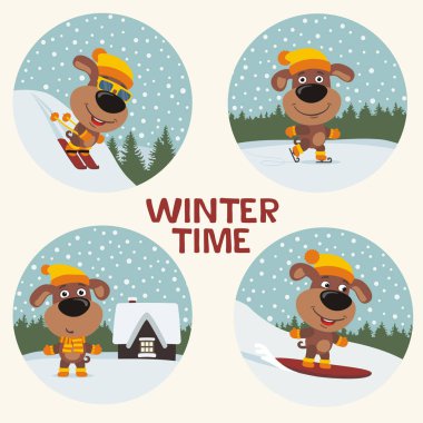 sevimli çizgi film karakterleri yamaçlarında kış sporları yaparken köpek 