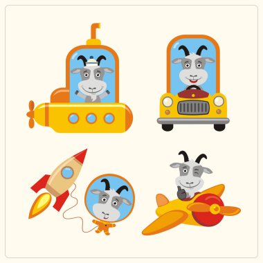 Dizi komik keçi uçak ve uzay ve araba roket çizgi film tarzı denizaltı 