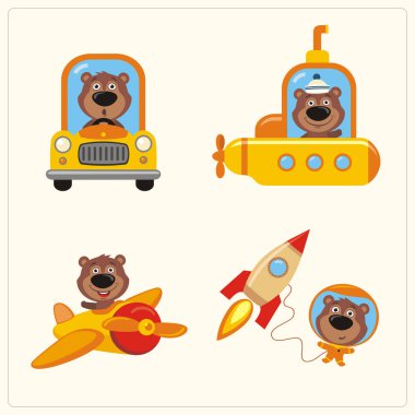 Dizi komik ayı içinde uçak ve uzay ve araba roket çizgi film tarzı denizaltı 