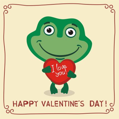 şirin komik karikatür karakter kalp ve metin mutlu Sevgililer günü tutan bir kurbağa ile tebrik kartı  