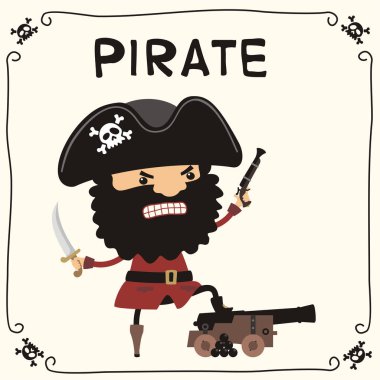 öfkeli korsan şapkalı silahla ve top Siyah sakallı sevimli komik karikatür karakter 