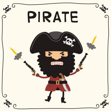 korsan siyah tanınmaz tabanca tutan Siyah sakallı sevimli komik karikatür karakter