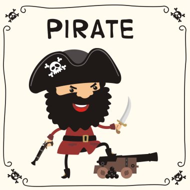 öfkeli korsan şapkalı silahla ve top Siyah sakallı sevimli komik karikatür karakter 