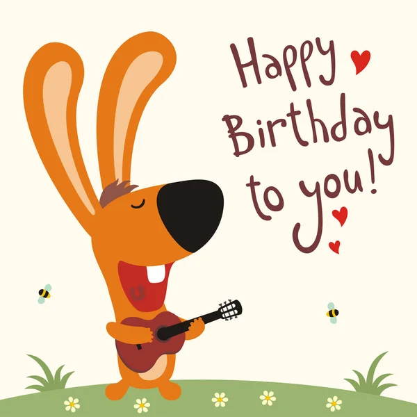 tebrik kartı şirin komik çizgi film karakteri tavşan gitar ile birlikte şarkı Happy birthday çayır on için şarkı söylüyor