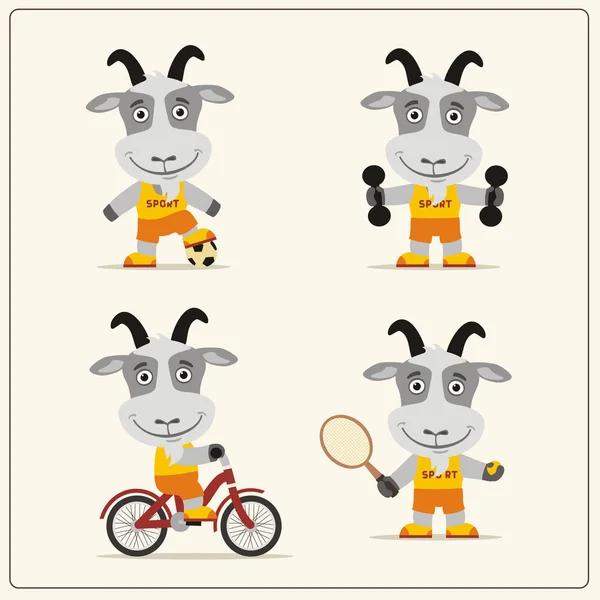 Set Cute Cartoon Characters Goat Sportsmen Football Ball Dumbbells Tennis — Stock Vector