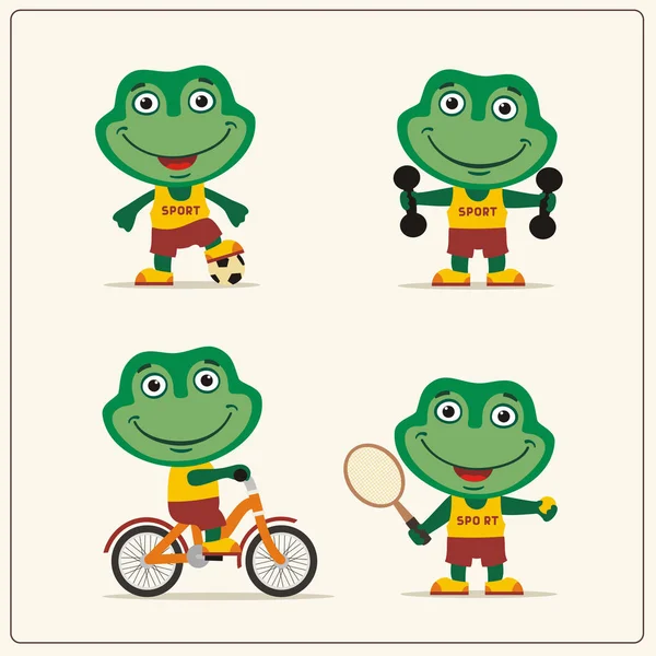 Σύνολο Του Χαριτωμένο Χαρακτήρες Κινουμένων Σχεδίων Βάτραχος Αθλητών Μπάλα Ποδοσφαίρου — Διανυσματικό Αρχείο