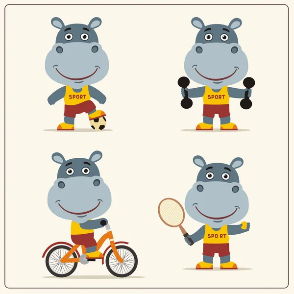 Conjunto Lindos Personajes Dibujos Animados Deportistas Hipopótamos Con Pelota Fútbol — Vector de stock