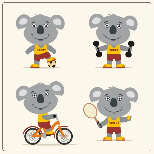 Conjunto Lindos Personajes Dibujos Animados Deportistas Koala Con Pelota Fútbol — Vector de stock