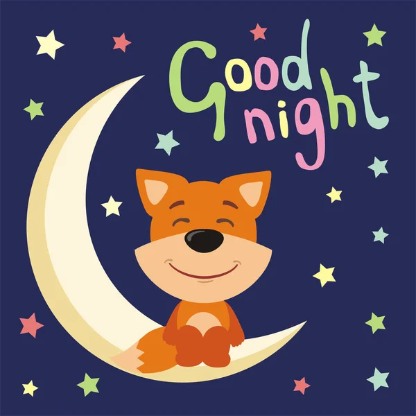Legrační Fox Kreslený Styl Sedí Měsíc Hvězdami Textem Dobrou Noc — Stockový vektor