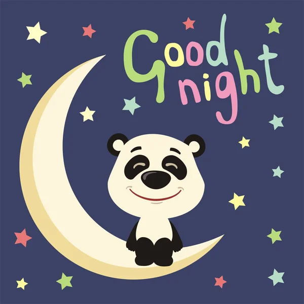 Funny Panda Cartoon Style Sitting Moon Stars Text Good Night — Stock Vector