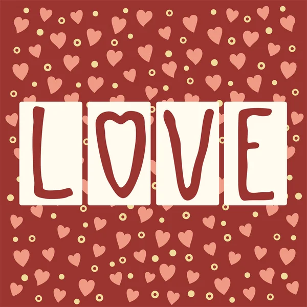 Valentinstag Grußkarte Mit Text Liebe Und Herzen Auf Rotem Hintergrund — Stockvektor