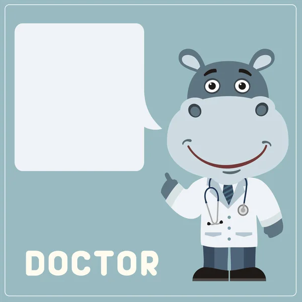 Söt Rolig Seriefigur Som Hippo Läkare Med Tomma Pratbubblan För — Stock vektor