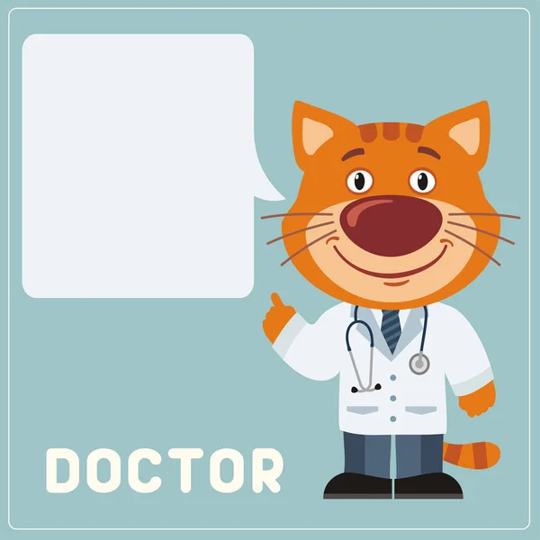 Söt Rolig Seriefigur Som Katt Läkare Med Tomma Pratbubblan För — Stock vektor