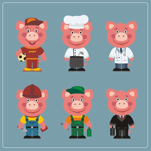 Set Von Niedlichen Lustigen Comic Figuren Von Schweinen Verschiedenen Professionellen — Stockvektor