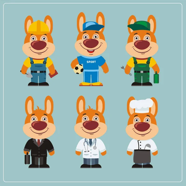 Conjunto Divertidos Personajes Dibujos Animados Conejos Que Muestran Diferentes Trajes — Vector de stock