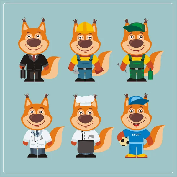 Conjunto Personagens Engraçados Bonitos Dos Desenhos Animados Esquilos Mostrando Diferentes —  Vetores de Stock