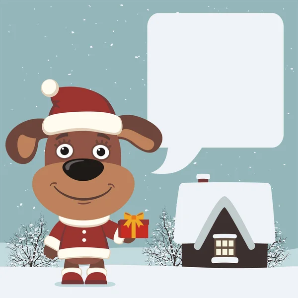 Veselé Vánoční Pohlednici Roztomilá Kreslená Postavička Psa Červené Čepici Santa — Stockový vektor