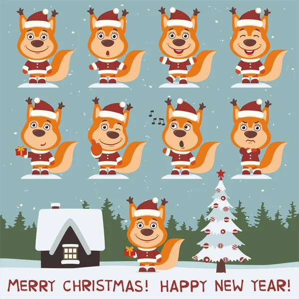 Wesołych Świąt Szczęśliwego Nowego Roku Powitanie Karta Zestaw Słodkie Wiewiórki — Wektor stockowy
