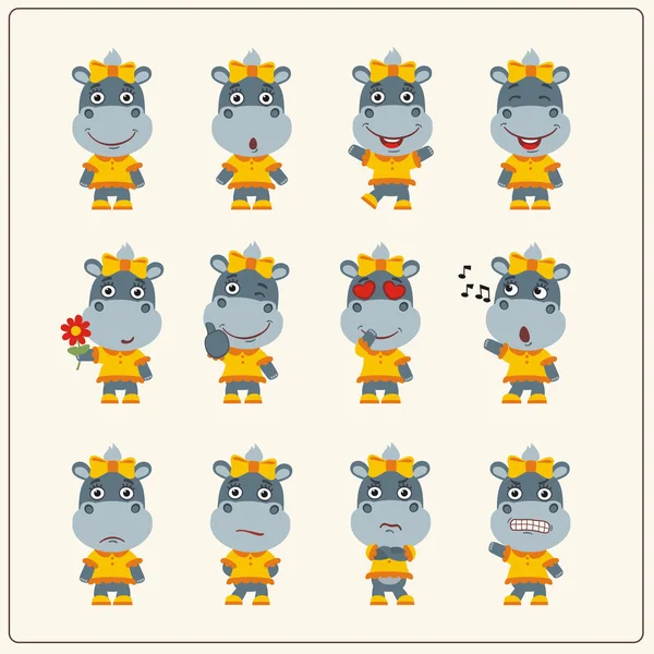 Conjunto Charmosos Personagens Desenhos Animados Meninas Hipopótamos Com Emoções Diferentes —  Vetores de Stock
