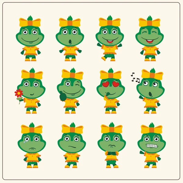 Set Charming Cartoon Characters Frog Girls Different Emotions — Stock Vector