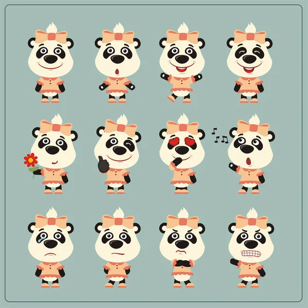 Conjunto Encantadores Personajes Dibujos Animados Chicas Panda Con Diferentes Emociones — Archivo Imágenes Vectoriales