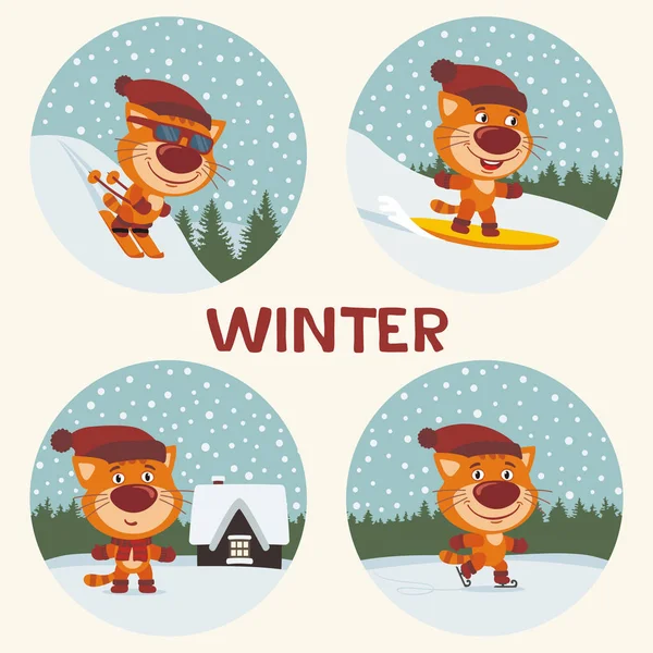 Cute Cartoon Characters Cats Doing Winter Sports Slopes — Stock Vector