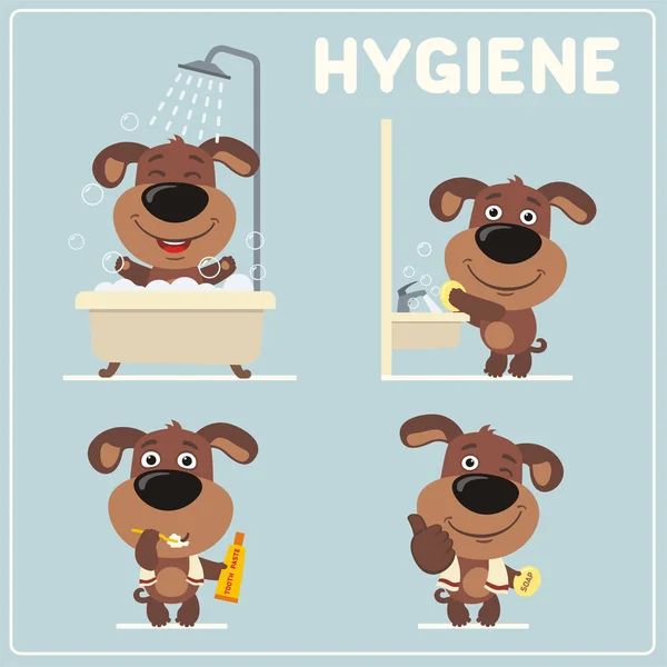 Set Cute Funny Dogs Cartoon Style Showing Rules Child Hygiene — Stock Vector