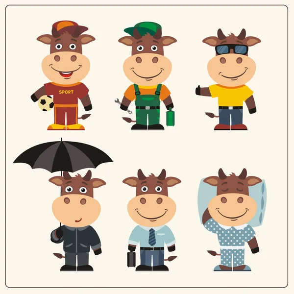 Set Cute Funny Cartoon Characters Bulls Different Clothing — Stock Vector