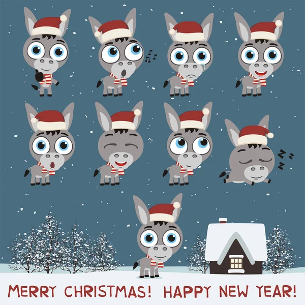Noel Baba şapkaları içinde şirin eşek house yakınındaki farklı pozlar iri gözlü kümesiyle neşeli Noel ve mutlu yeni yıl tebrik kartı 