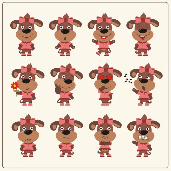Conjunto Encantadores Personajes Dibujos Animados Perro Niñas Con Diferentes Emociones — Archivo Imágenes Vectoriales