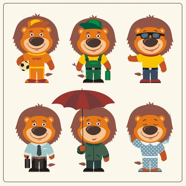 Conjunto Personagens Engraçados Bonitos Dos Desenhos Animados Leões Roupas Diferentes —  Vetores de Stock