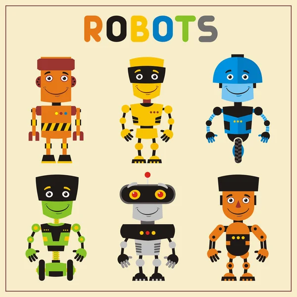 一套五颜六色的机器人在动画片样式在黄色背景 — 图库矢量图片