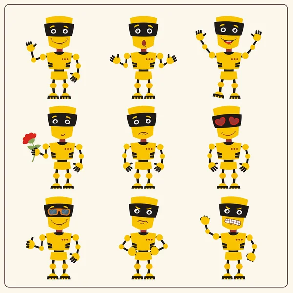 Набор Желтых Роботов Разными Эмоциями Различными Позами Мультяшном Стиле — стоковый вектор