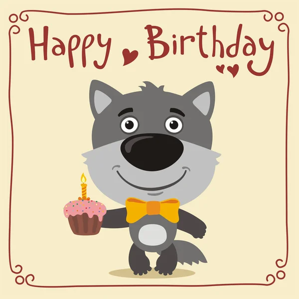 Greeting Card Cute Funny Cartoon Character Wolf Cupcake Text Happy — Stock Vector