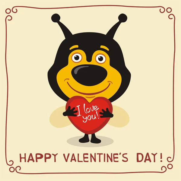 心と本文の幸せなバレンタインデーを保持している蜂のかわいい面白い漫画のキャラクターとグリーティング カード — ストックベクタ