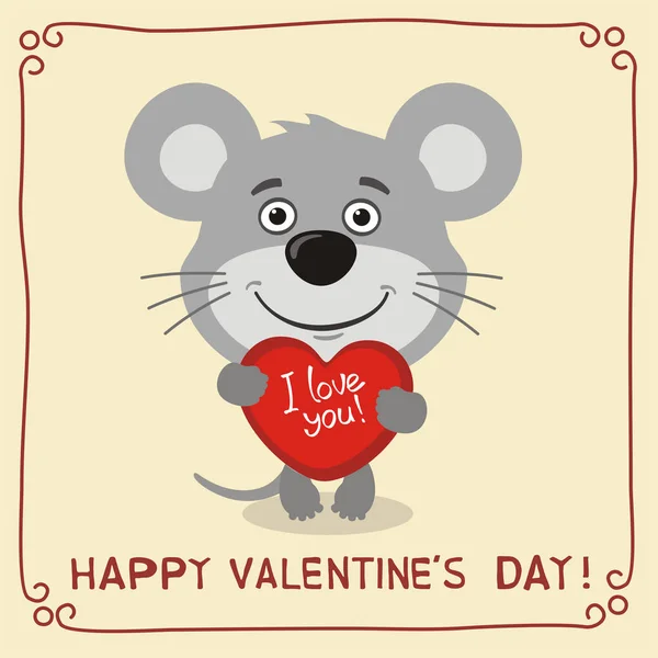 心と本文の幸せなバレンタインデーを保持しているマウスのかわいい面白い漫画のキャラクターとグリーティング カード — ストックベクタ